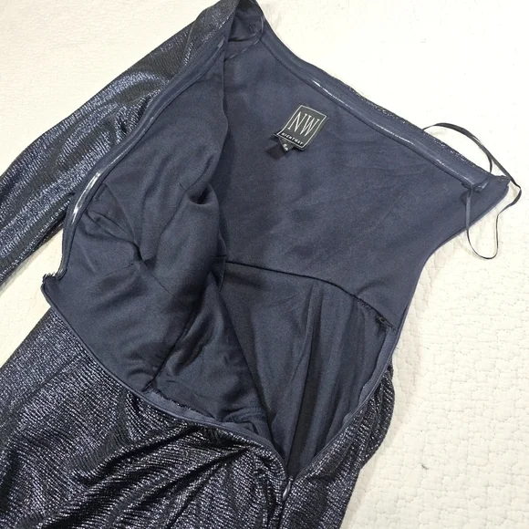 NWT NIGHTWAY Womens Navy Shimmer Long Sleeve Asymmetrical Neckline Dress - Picture 8 of 10